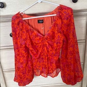 Vici Red and Pink Ruched Puff Sleeve Blouse